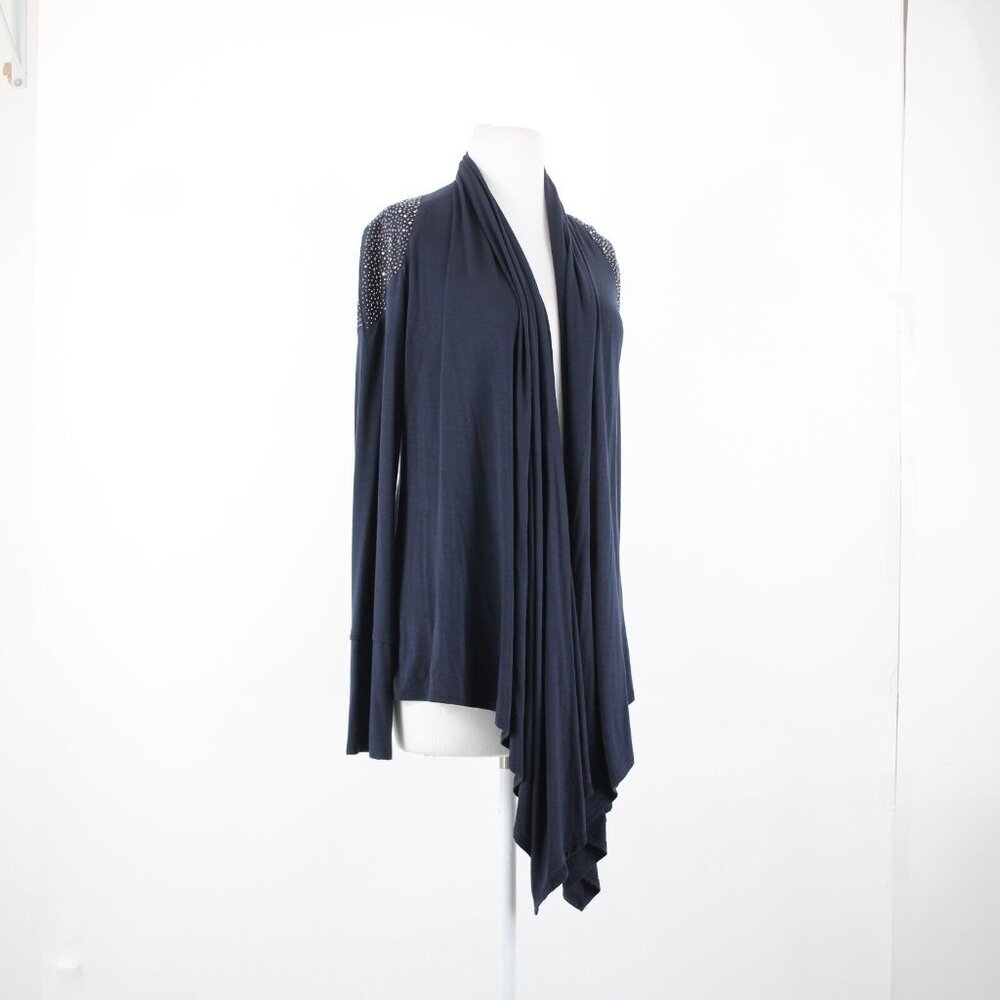 S Twelve $59 Sz M Navy Blue Gunmetal Studded Shoulders Collared Rayon Wrap - Picture 16 of 16